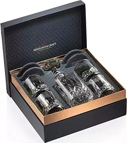 Mixology Whiskey Decanter and Glass Set for Men, Crystal Bourbon Decanter Set with 10oz Whiskey Glasses in a Classy Gift Box, Perfect for Scotch, Bourbon and Cognac - Gifts for Men
