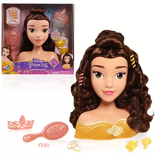 Disney Princess Belle Styling Head, Brown Hair, 10 Piece Pretend Play Set, Beauty and the Beast, Officially Licensed Kids Toys for Ages 3 Up by Just Play