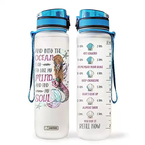 64HYDRO 32oz 1Liter Motivational Water Bottle with Time Marker, Mermaid Inspiration Into The Ocean Lose My Mind Find My Soul PYL1105003 Water Bottle