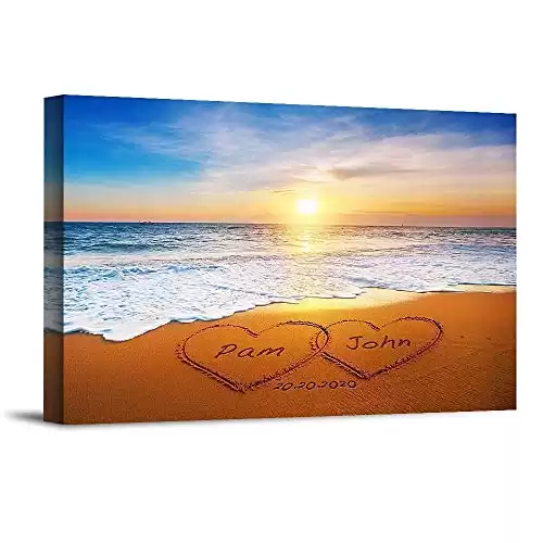 Heart and Heart at Beautiful Sunrise Unique Personalized Photo or Canvas Prints with Couple's Names and Special Date on Beach,Perfect Present Love Gift for Anniversary,Wedding,Birthday and Holida...