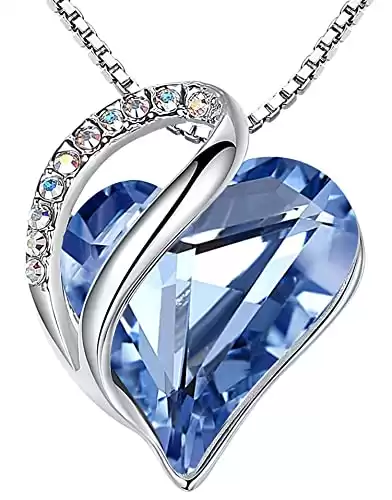 Leafael Womens Brass Necklaces, Infinity Love Heart Pendant Birthstone Crystal Jewelry Gifts for Wife, Silver Plated 18 + 2 inch Chain, 03-March & December-Light Sapphire Blue