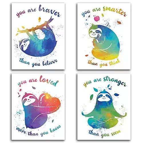 CHIEN-CHI LILI Colorful Sloth Inspirational Words Watercolor Art Print Set of 4 (8”X10”), Sloth art Poster for Boys & Girls, Nursery, Kids Bedroom Home Wall Decor, No Frame