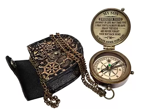 The New Antique Store - Brass Compass Engraved with Motivational Quote, Gift for Son, Grandson, Daughter, Baptism, Confirmation Communion Godson Church Graduation Day (in Leather Case)