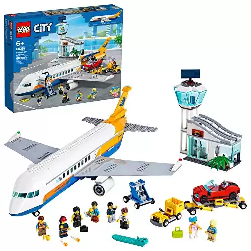 LEGO City Passenger Airplane 60262, with Radar Tower, Airport Truck with a Car Elevator, Red Convertible, 4 Passenger and 4 Airport Staff Minifigures, Plus a Baby Figure (669 Pieces)