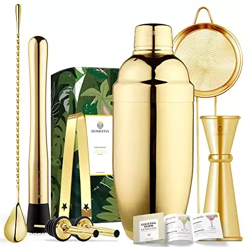 Homestia Cocktail Shaker Set Stainless Steel Gold Martini Shaker Set, 24oz Drink Shakers Cocktail Set Shakers Bartending Drink Mixer Kit, 8 Pcs Margarita Kit Cocktail Mixer Set Bar Kits for Bartender