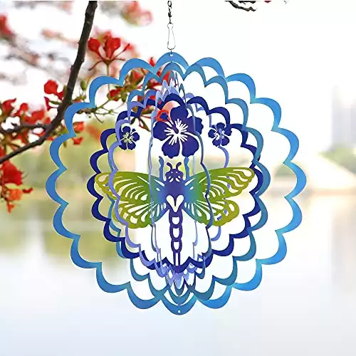 HDNICEZM Kinetic 3D Metal Dragonfly Wind Spinner Hanging Ornament Worth Gift for Home and Garden - 12inch Dragonfly Mandala Kinetic Hanging Whirligigs Sun Catcher Windmills