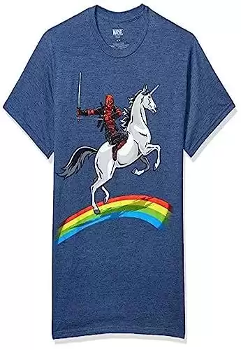 Marvel Deadpool Riding a Unicorn on a Rainbow T-Shirt, Navy HTR, L