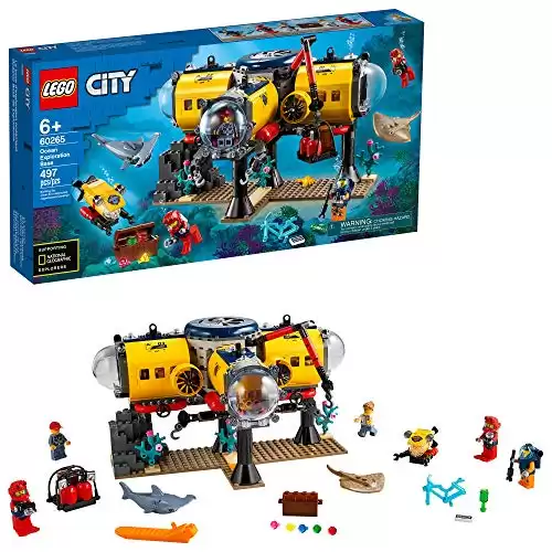LEGO City Ocean Exploration Base Playset 60265, with Submarine, Underwater Drone, Diver, Sub Pilot, Scientist and 2 Diver Minifigures, Plus Stingray and Hammerhead Shark Figures (497 Pieces)