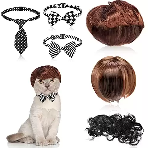 6 Pieces Pet Wigs Dogs Tie Set Includes 3 Pieces Pet Wig and 3 Pieces Dog Bow Tie Pet Funny Headwear Cat Costume Synthetic Accessories Dog Cosplay Accessories for Dog Christmas Eve Party Decor