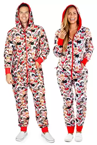 Tipsy Elves Crazy Cat Person Meowy Ugly Christmas Sweater Jumpsuit for Men Cozy Adult One Piece Outfit Size XX-Large
