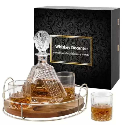 Whiskey Decanter Set with Rotating Wooden Tray, Whiskey Glasses Set of 4 and Decanter with Stopper, Whiskey Decanter Gift for Him Men Father Brother, Gift Packaging