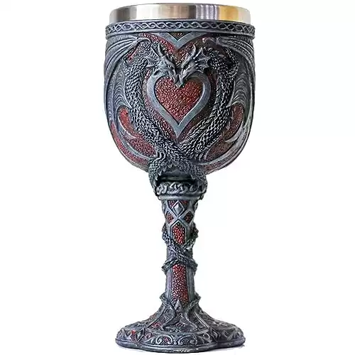 Medieval Double Dragon Wine Goblet - Valentines Dungeons and Dragons Wine Chalice -7oz Stainless Steel Drinking Cup Romantic Novelty Gothic Gift Party Idea Goblets Present for Girl Girlfriend Wife