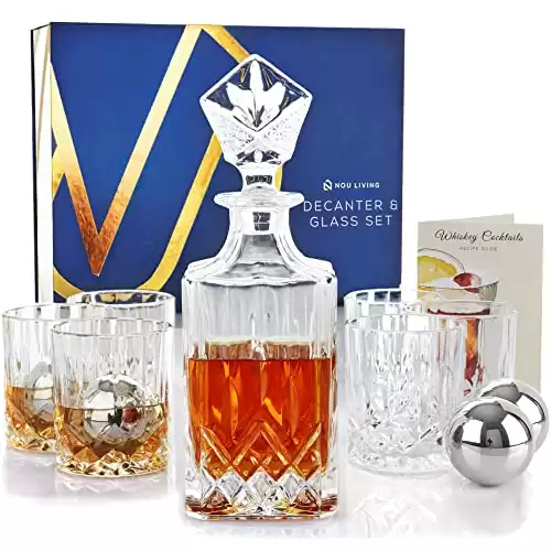 Nou Living 11 Pc Crystal Whisky Decanter Set with Glasses – Elegant Whisky Decanter & Glass Set of 6 – Crystal Decanter Set for Men – Liquor Whisky Glass Decanter Set with Whiskey Stones Gif...