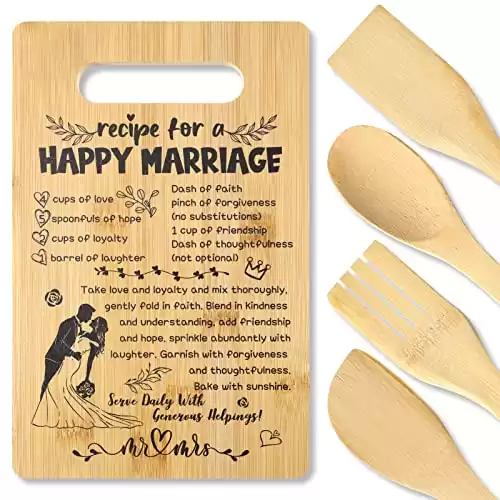 BBTO Wedding Gifts for Couple 11 x 7" Recipe for Happy Marriage Cutting Board Anniversary Marriage Gifts Bridal Shower Gifts with 2 Spoons 1 Shovel 1 Skip Shovel for Newlywed Mr and Mrs Engagemen...