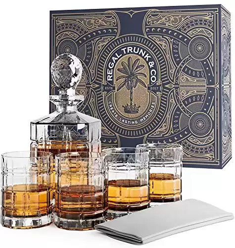 REGAL TRUNK & CO. Whiskey Decanter Set with Glasses, 4 Square Engraved Tumblers Whisky Decanter & Glass Set, Crystal Decanter Set Bourbon and Scotch, Gift Box and with Liquor Glass Polishing C...