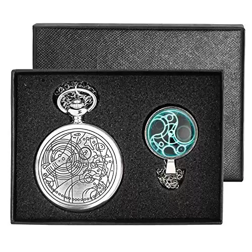 YISUYA Silver Smooth Doctor Who Pocket Watch with Glass Dome Dr. Who Necklace Chain Gift Box