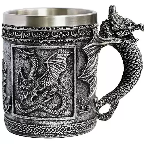 Medieval Roaring Dragon Mug - Dungeons and Dragons Beer Stein Tankard Drink Cup - 14oz Stainless Coffee Mug for GOT Dragon Lovers Collector Ideal Novelty Gothic Father Day Gift Party Decoration