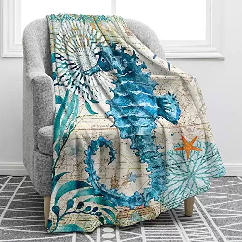 Jekeno Sea Horse Blanket Smooth Soft Ocean Mediterranean Style Print Throw Blanket for Sofa Chair Bed Office Gift 50"x60"