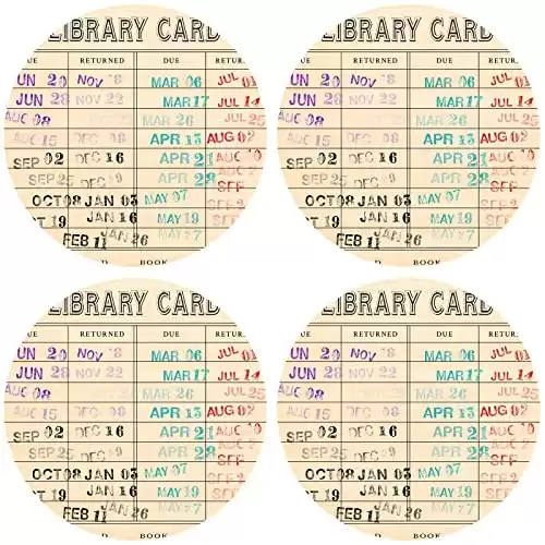 4 Pieces Vintage Library Due Date Card Coaster Set, Gift for Book Lovers Library Decor Coasters Set Book Coasters Drink Coffee Mug Coaster for Book Lovers Writers Women Men (Round)